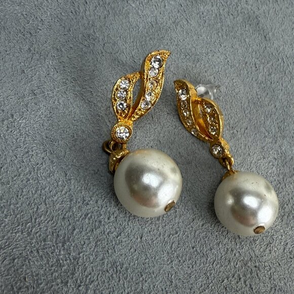 Gold Tone Faux Pearl & Rhinestone Pierced Earrings - Picture 6 of 8